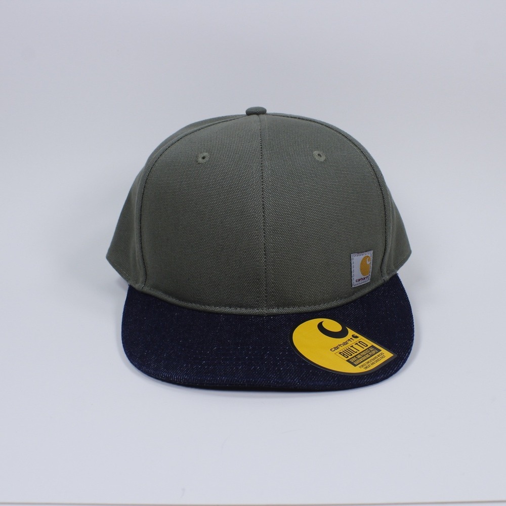Carhartt Firm Duck Flat Brim Snapback Hat Dark Olive Green Denim Brim OS NWT